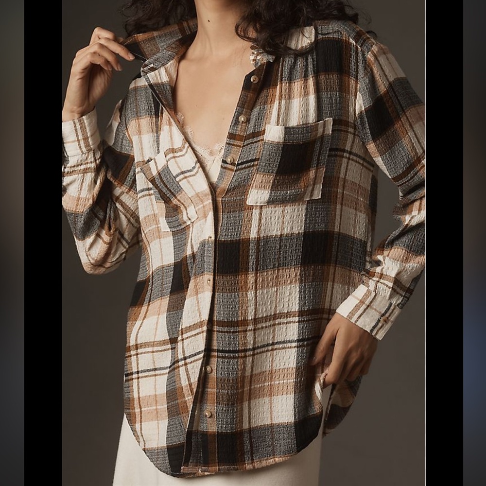 Anthropologie Oversized Plaid Button Down Blouse